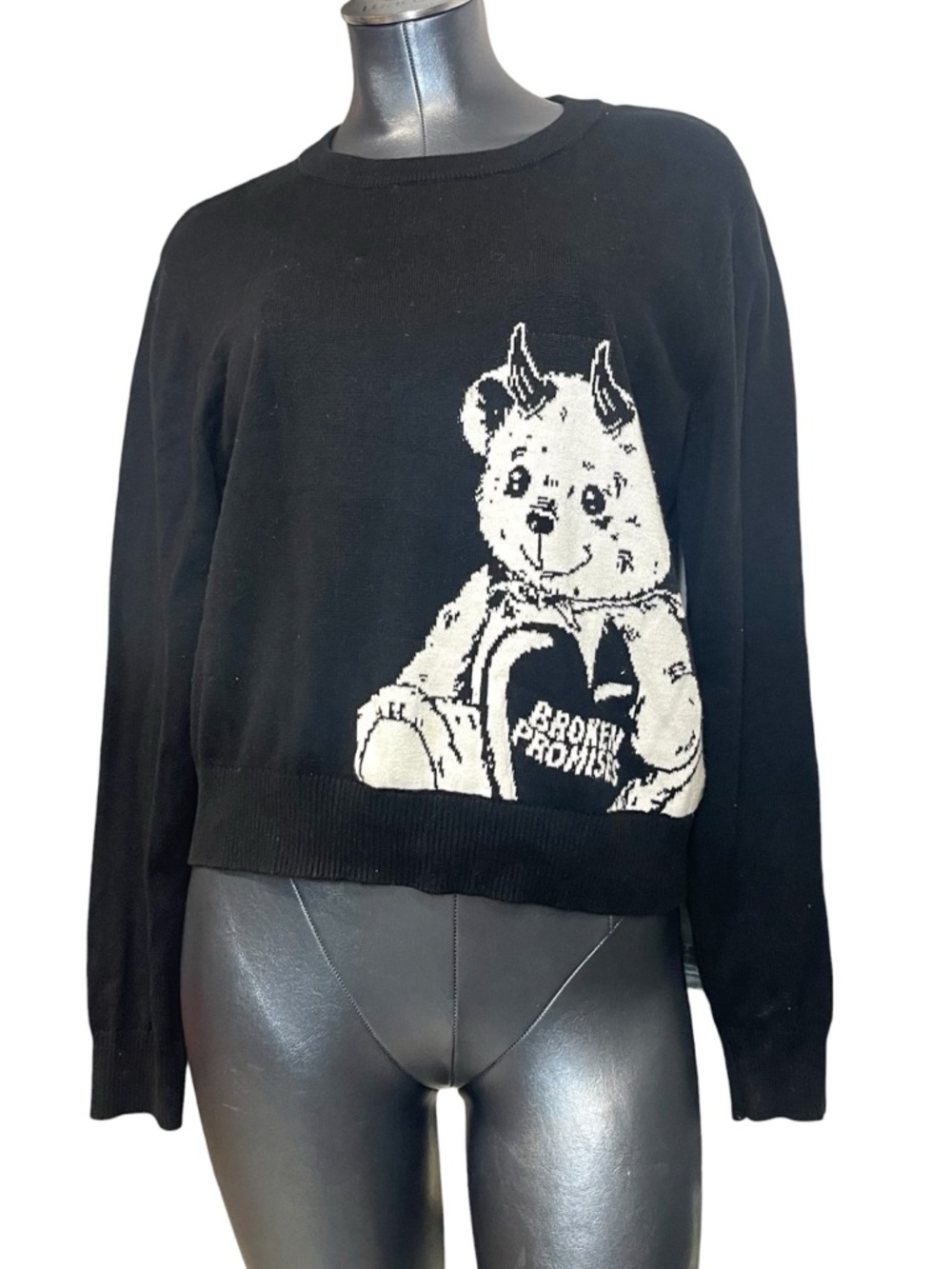 Broken Promises Cropped Sweater Women’s M Black Teddy Bear Graphic Crewnec